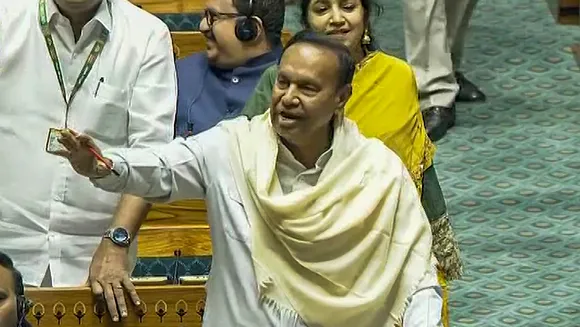 DMK MP TR Baalu speaks in the Lok Sabha during the Budget session of Parliament, in New Delhi