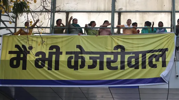 AAP workers and supporters raise slogans during a protest over the arrest of Delhi Chief Minister Arvind Kejriwal in connection with an excise policy-linked money-laundering case, at ITO in New Delhi, Sunday, March 24, 2024.