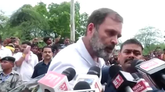 Rahul Gandhi speaks with reporters in Raebareli on Tuesday, August 20, 2024