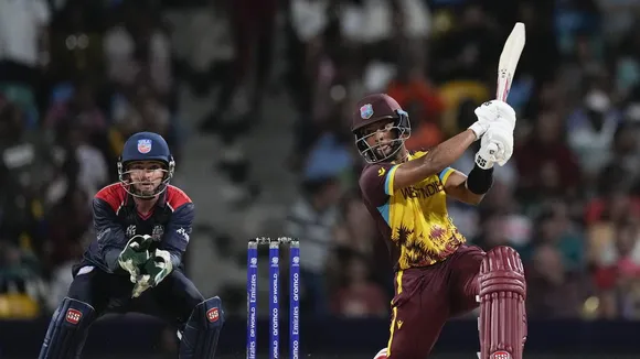 West Indies’ Shai Hope hits a six during the men’s T20 World Cup cricket match between the USA and the West Indies at Kensington Oval, Bridgetown, Barbados, Friday, June 21, 2024