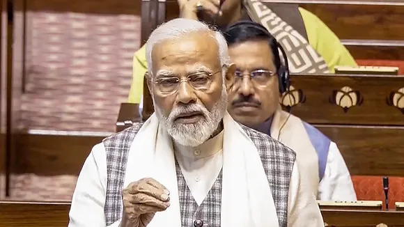 Prime Minister Narendra Modi speaks in the Rajya Sabha during the Budget session of Parliament, in New Delhi