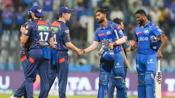 Lucknow Super Giants and Mumbai Indians players greet each other at the end of their IPL 2024 cricket match, at Wankhede Stadium in Mumbai, Friday, May 17, 2024. Lucknow won by 18 runs.