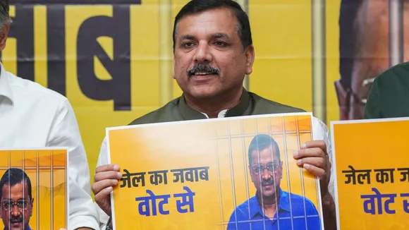 AAP MP Sanjay Singh addresses a press conference at the party office, in New Delhi, Monday, April 8, 2024