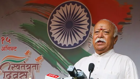 Rashtriya Swayamsevak Sangh (RSS) chief Mohan Bhagwat addresses the gathering on 78th Independence Day at RSS headquarters, in Nagpur, Thursday, Aug. 15, 2024