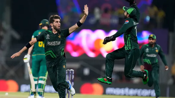 Pakistan's bowler Shaheen Afridi celebrates the wicket of South Africa's batter Gerald Coetzee during the ICC Men's Cricket World Cup 2023 match between Pakistan and South Africa, at MA Chidambaram Stadium, in Chennai, Friday, Oct. 27, 2023.