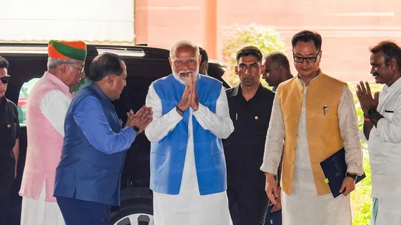 Prime Minister Narendra Modi with Union Minister Kiren Rijiju, and Ministers of State Jitendra Singh and Arjun Ram Meghwal arrives to attend the NDA Parliamentary Party meeting, in New Delhi, Tuesday, July 2, 2024.