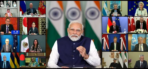 Prime Minister Narendra Modi addresses the G20 virtual summit, in New Delhi, Wednesday, Nov. 22, 2023.