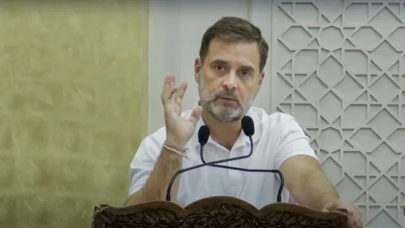 Congress leader Rahul Gandhi speaks during the party workers' meeting, in Srinagar, Thursday, Aug. 22, 2024.