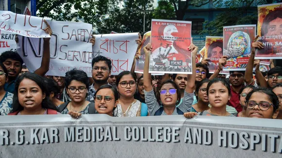 Junior doctors, trainee doctors and medical students protest against the sexual assault and killing of a post-graduate trainee doctor at RG Kar Medical College, in Kolkata, Monday, Aug. 12, 2024.