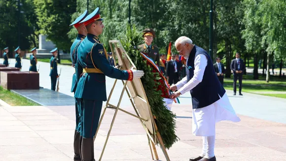 Prime Minister Narendra Modi pays homage at the Tomb of the Unknown Soldier, in Moscow, Russia, Tuesday, July 9, 2024.