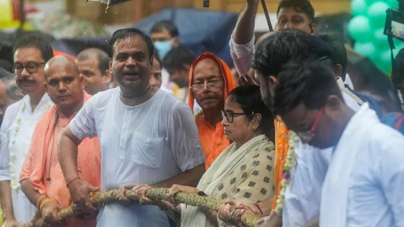 West Bengal Chief Minister Mamata Banerjee pulls ropes of the chariot during ISKCON Rath Yatra, in Kolkata, Sunday, July 7, 2024.