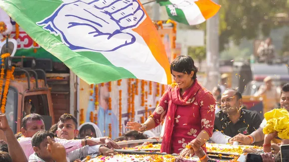 Congress candidate Vinesh Phogat celebrates with supporters after her victory from Julana constituency in the Haryana Assembly elections, in Jind district, Haryana, Tuesday, Oct. 8, 2024.