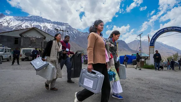 Polling officials with EVMs and other election materials leave for their respective polling stations in the higher hills of Himachal, from Kaza, ahead of the last phase of Lok Sabha polls, in Lahaul and Spiti, Thursday, May 30, 2024