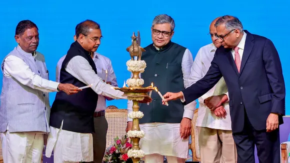 Union Railways Minister Ashwini Vaishnaw, Gujarat Chief Minister Bhupendra Patel and Tata Sons Chairman N Chandrasekaran