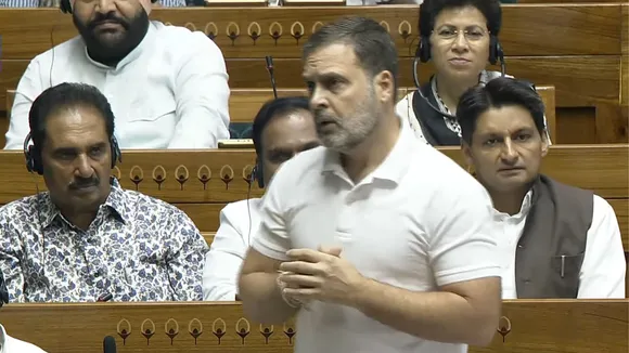 Leader of Opposition in the Lok Sabha Rahul Gandhi speaks in the House during the Monsoon session of Parliament, in New Delhi, Monday, July 29, 2024.