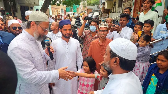 AIMIM President Asaduddin Owaisi during his door-to-door election campaign for Lok Sabha polls