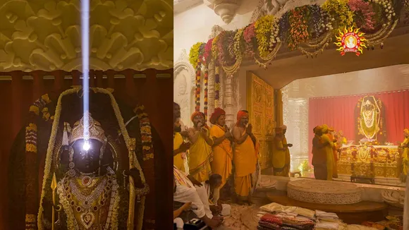 Ritual of 'Surya Tilak' being performed on the idol of 'Ram Lalla' on the occasion of 'Ram Navami', at the Ram Temple in Ayodhya, Wednesday, April 17, 2024