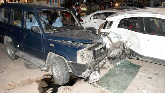 A damaged vehicle of Uttar Pradesh Chief Minister Yogi Adityanath's convoy after an accident, in Lucknow, Saturday, Feb. 24, 2024.