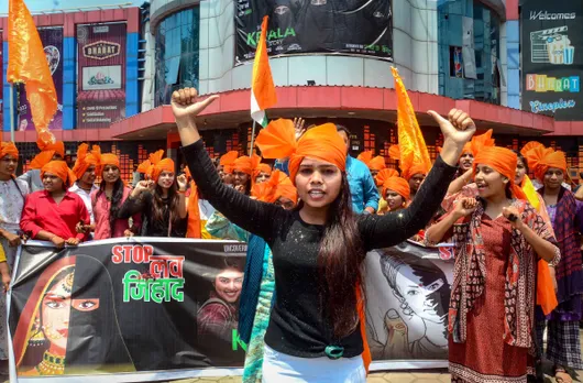 BJP workers raise slogans during a protest against the film 'The Kerala Story', in Bhopal