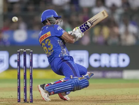 Mumbai Indians batter Suryakumar Yadav plays a shot during the IPL 2023 cricket match between Royal Challengers Bangalore and Mumbai Indians at Wankhede Stadium in Mumbai