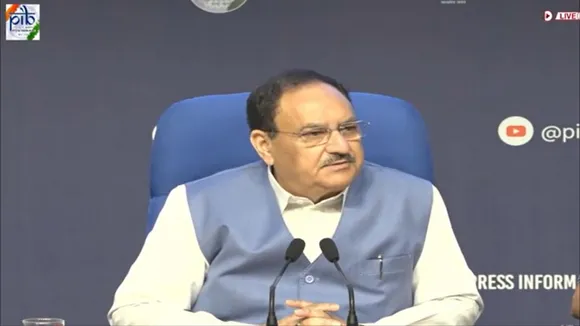 Union Health Minister JP Nadda addressing a press conference on the first 100 days of the third Modi government