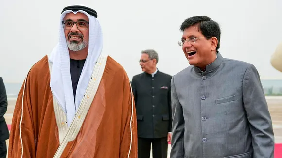 Union Minister Piyush Goyal receives Crown Prince of Abu Dhabi Sheikh Khaled bin Mohamed bin Zayed Al Nahyan upon his arrival in New Delhi, Sunday, Sept. 8, 2024.