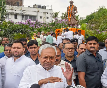 Chief Minister Nitish Kumar with Deputy Chief Minister Tejashwi Yadav speaks to the media during birth anniversary of Bhamashah, in Patna