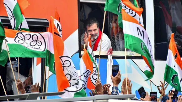 Congress leader Rahul Gandhi waves at supporters during the Bharat Jodo Nyay Yatra, in Guwahati, Assam