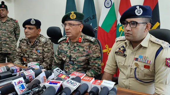 Brigadier Vipul Tyagi addressing a press conference at the headquarters of the Army's 3 Sector Rashtriya Rifles (RR) at Manasbal