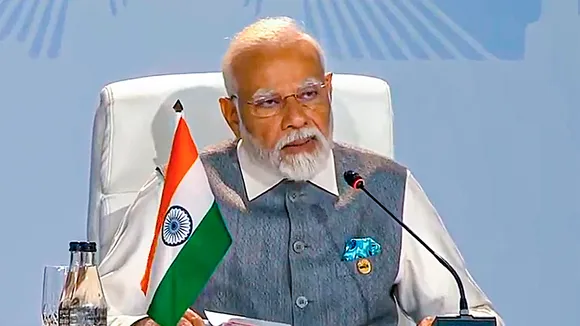 Prime Minister Narendra Modi speaks at the 15th BRICS Summit, in Johannesburg, South Africa