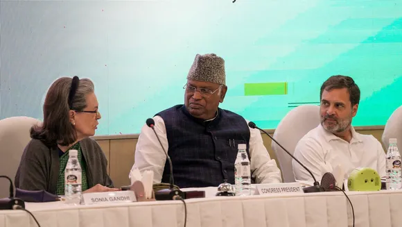 Congress President Mallikarjun with party leaders Sonia Gandhi and Rahul Gandhi during the Congress Working Committee Meeting