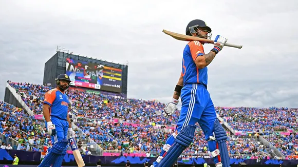 India’s openers Rohit Sharma and Virat Kohli enter the field for their Group A match against Pakistan in the ICC T20 World Cup 2024, at Nassau County International Cricket Stadium in New York on Sunday