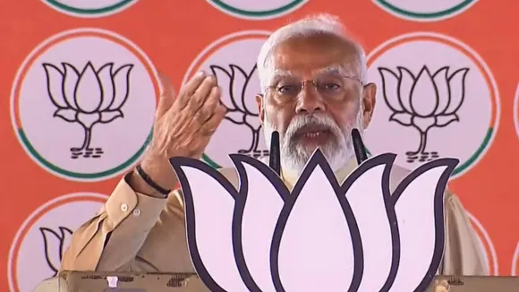 Prime Minister Narendra Modi during a public meeting ahead of Lok Sabha elections, in Pilibhit, Tuesday, April 9, 2024