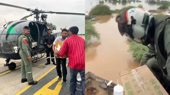 NDRF teams and local officials began dropping food packets, water bottles and other basic necessities for people in flood-affected areas of Vijayawada on Tuesday 