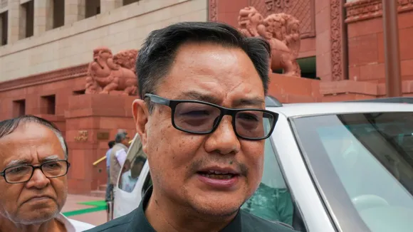 Union Minister Kiren Rijiju arrives to attend the Monsoon session of Parliament, in New Delhi, Wednesday, July 31, 2024.