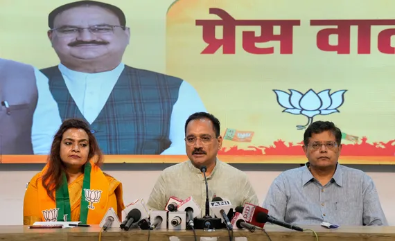 Former IRS officer Preeta Harit with Delhi BJP President Virendra Sachdeva and BJP Delhi incharge Baijayant Panda at a press conference after joining the paty, in New Delhi