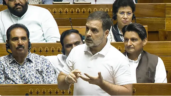 Leader of Opposition in the Lok Sabha Rahul Gandhi speaks in the House during the Monsoon session of Parliament, in New Delhi, Monday, July 29, 2024.