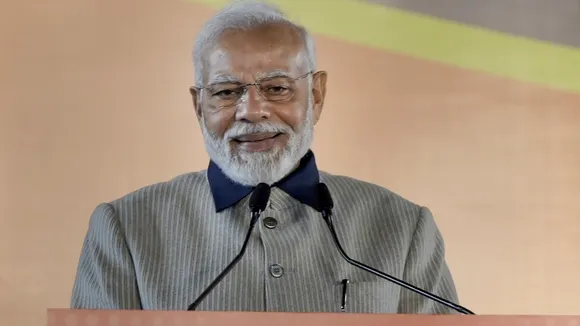 Prime Minister Narendra Modi speaks during the celebrations of the BJP's victory in the Gujarat Assembly elections, at BJP headquarters in New Delhi