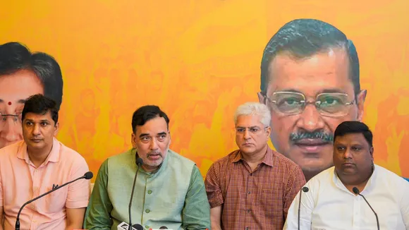 Delhi Ministers Saurabh Bharadwaj, Gopal Rai, Kailash Gahlot and Imran Hussain address the media amid the ongoing hunger strike by the state Minister Atishi at Bhogal over water crisis, in New Delhi, Monday, June 24, 2024.