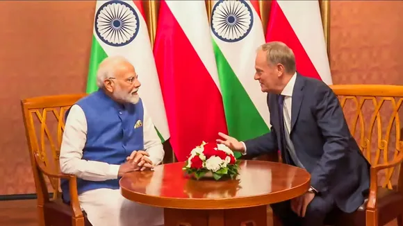 Prime Minister Narendra Modi with his Polish counterpart Donald Tusk during a meeting, in Warsaw, Poland, Thursday, Aug. 22, 2024.