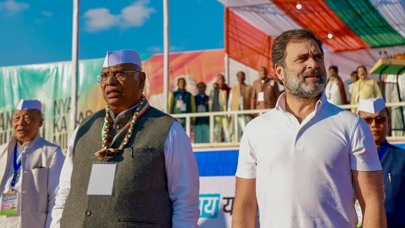 Congress leader Rahul Gandhi with party's President Mallikarjun Kharge during the launch of the 'Bharat Jodo Nyay Yatra', at Khongjom in Thoubal district, Manipur