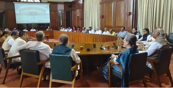 Congress President Mallikarjun Kharge, party leader Sonia Gandhi and other floor leaders during a briefing by the delegation of I.N.D.I.A. MPs who recently visited the strife-torn state of Manipur, at Parliament House complex, in New Delhi
