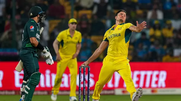 Australia's Marcus Stoinis bowls during the ICC Men's Cricket World Cup 2023 match between Pakistan and Australia at M. Chinnaswamy Stadium, in Bengaluru, Friday, Oct. 20, 2023. 