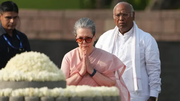 Congress leader Sonia Gandhi pays tribute to former prime minister Rajiv Gandhi on his death anniversary at Veer Bhumi, in New Delhi, Tuesday, May 21, 2024. Congress President Mallikarjun Kharge is also seen