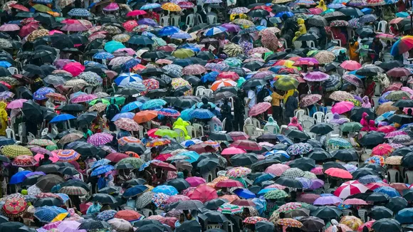 People use umbrellas to shield themselves during monsoon rains, in Mumbai. Thursday, July 11, 2024