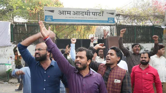 AAP supporters raise slogans against the arrest of Delhi Chief Minister Arvind Kejriwal by the Enforcement Directorate (ED) in the money laundering case