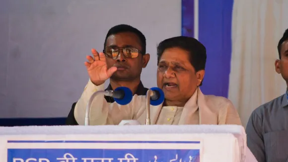 BSP chief Mayawati addresses an election campaign rally, ahead of Lok Sabha polls, in Muzaffarnagar, Sunday, April 14, 2024