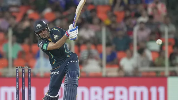 Gujarat Titans batter Shubman Gill in action during the IPL 2023 cricket playoff match between Gujarat Titans and Mumbai Indians at the Narendra Modi Stadium on May 26