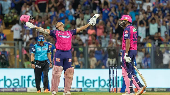 Rajasthan Royals batter Yashasvi Jaiswal celebrates his century during the IPL 2023 cricket match against Mumbai Indians on April 30