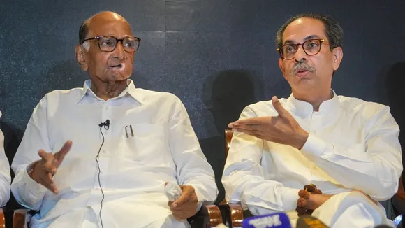 NCP (SP) Chief Sharad Pawar with Shiv Sena (UBT) Chief Uddhav Thackeray during the Maha Vikas Aghadhi press conference, in Mumbai, Sunday, Oct. 13, 2024.